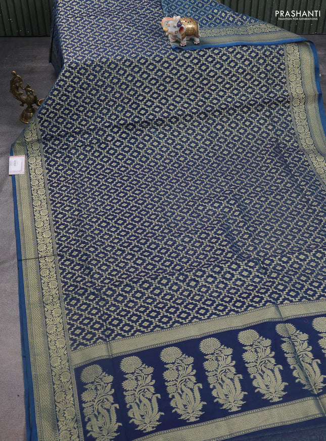 Banarasi silk cotton saree peacock blue with allover zari weaves and zari woven border