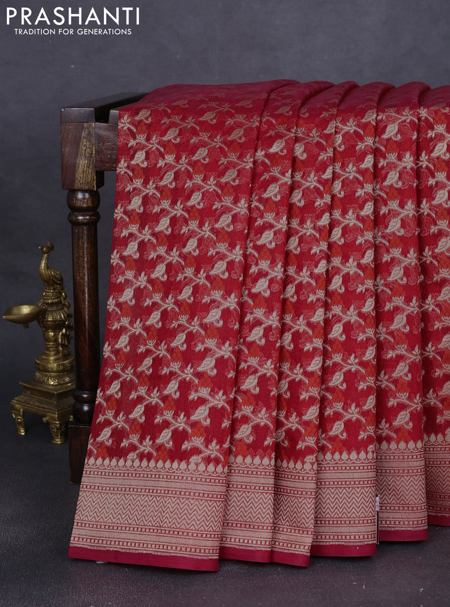Banarasi silk cotton saree red with allover zari weaves and zari woven border