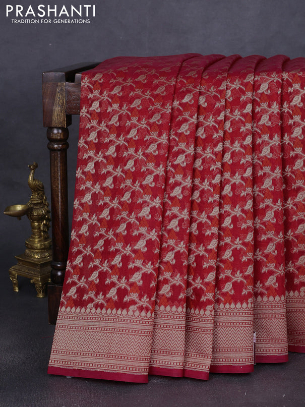 Banarasi silk cotton saree red with allover zari weaves and zari woven border