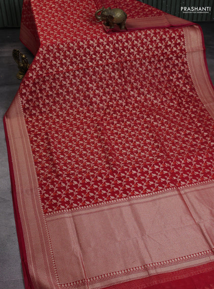 Banarasi silk cotton saree red with allover zari weaves and zari woven border