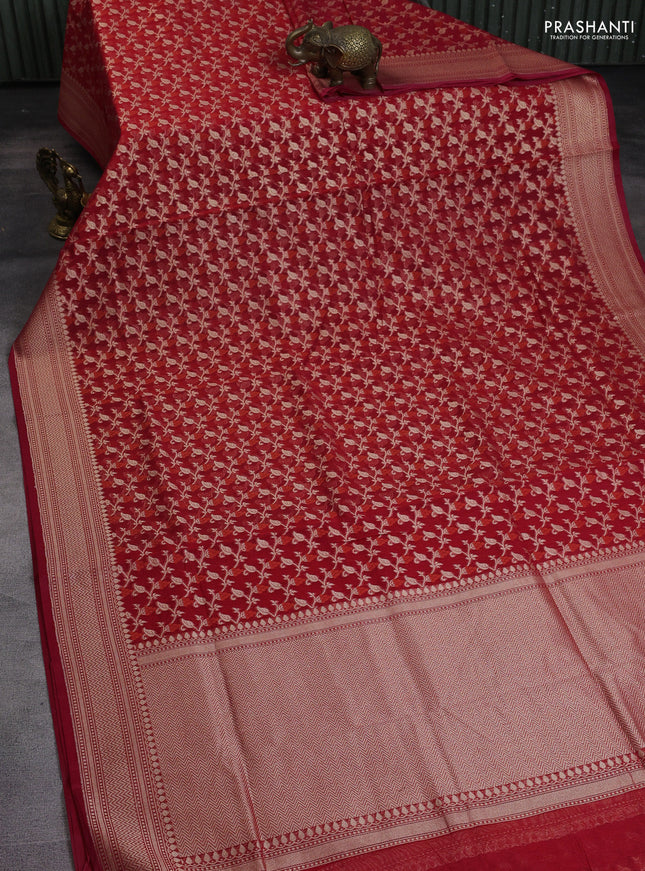 Banarasi silk cotton saree red with allover zari weaves and zari woven border