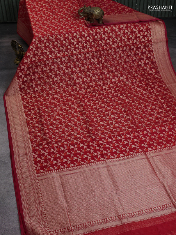 Banarasi silk cotton saree red with allover zari weaves and zari woven border