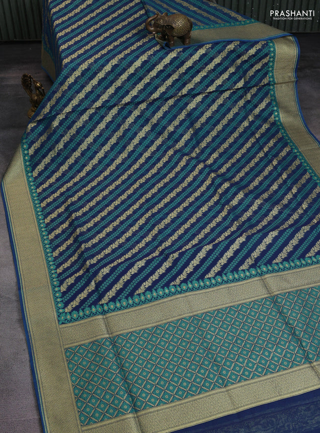 Banarasi silk cotton saree peacock blue with allover zari weaves and zari woven border