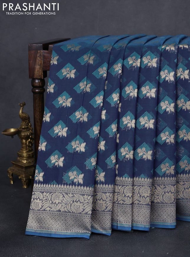 Banarasi silk cotton saree blue with allover floral zari woven buttas and zari woven border