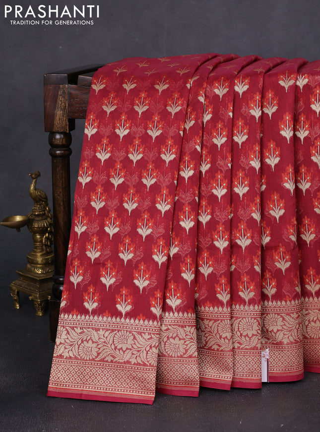 Banarasi silk cotton saree maroon with allover floral thread & zari woven buttas and zari woven border