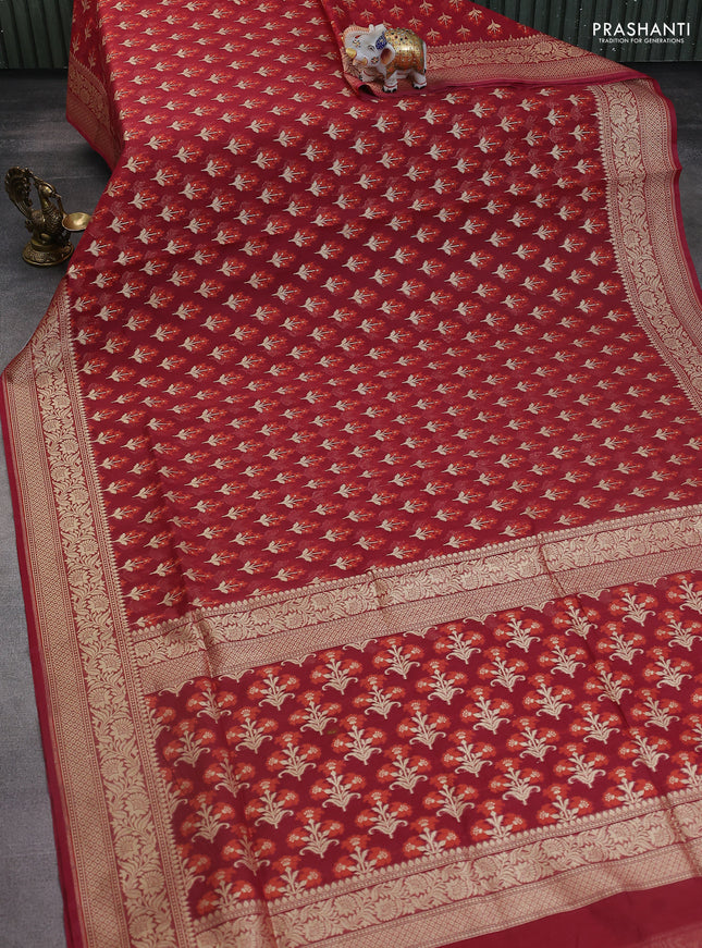 Banarasi silk cotton saree maroon with allover floral thread & zari woven buttas and zari woven border