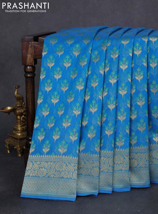 Banarasi silk cotton saree cs blue with allover floral thread & zari woven buttas and zari woven border