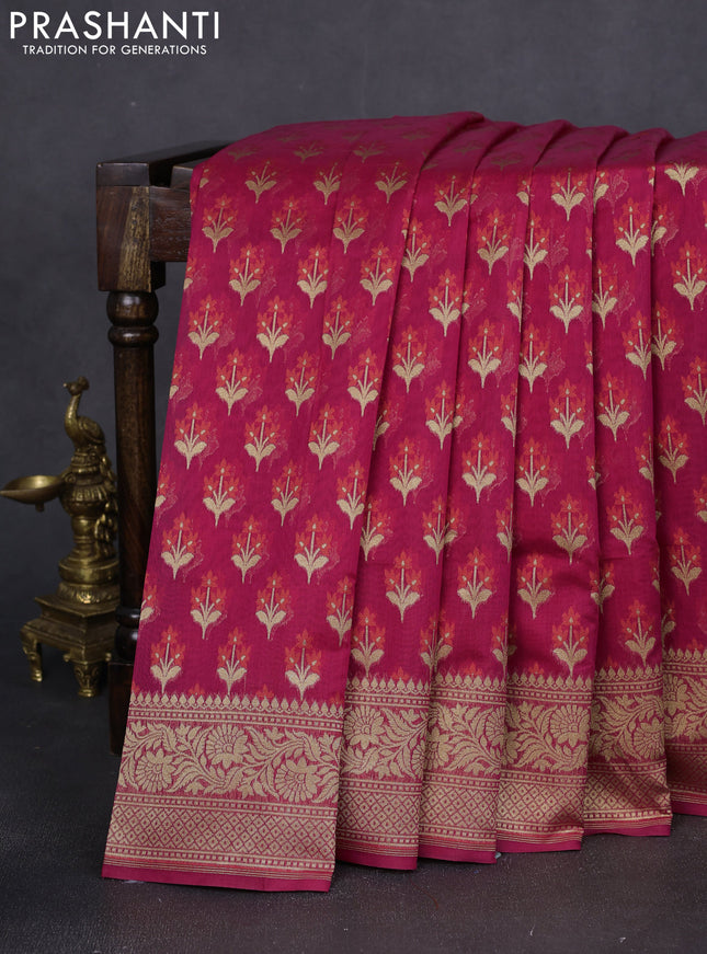 Banarasi silk cotton saree pink with allover floral thread & zari woven buttas and zari woven border