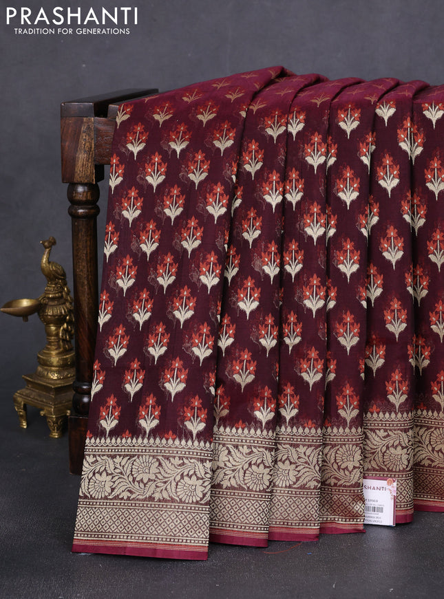 Banarasi silk cotton saree deep maroon with allover floral thread & zari woven buttas and zari woven border