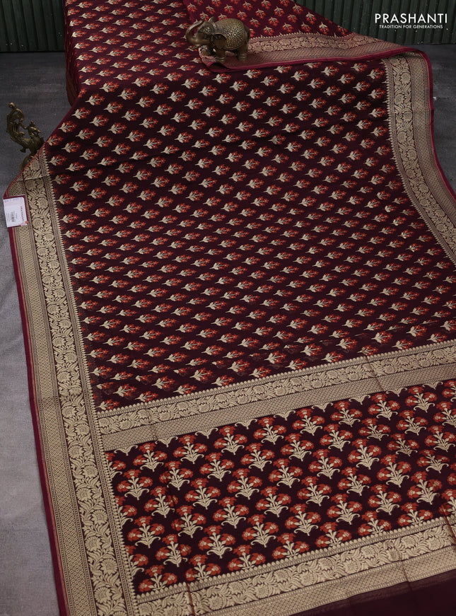 Banarasi silk cotton saree deep maroon with allover floral thread & zari woven buttas and zari woven border