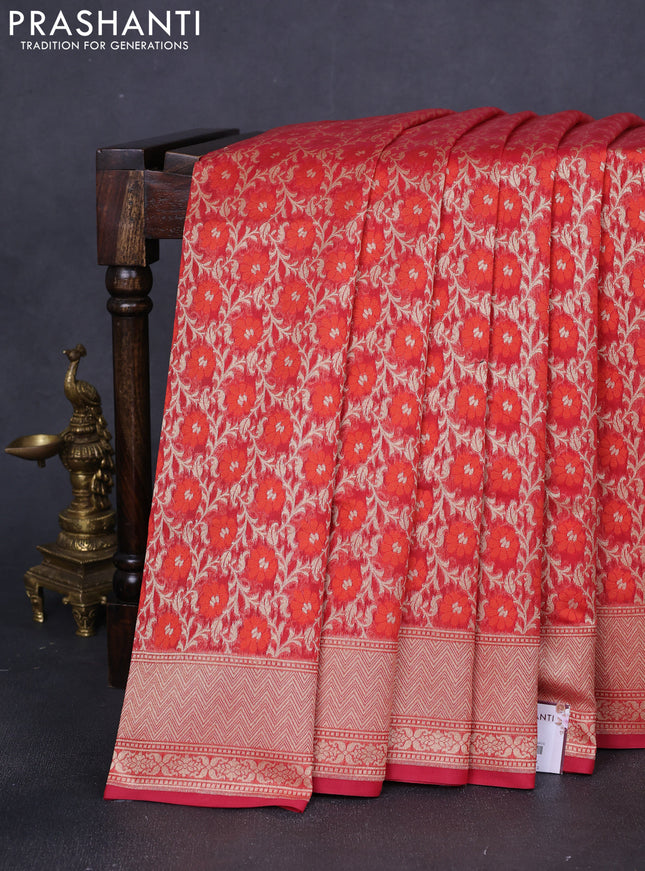 Banarasi silk cotton saree red with allover zari weaves and zari woven border