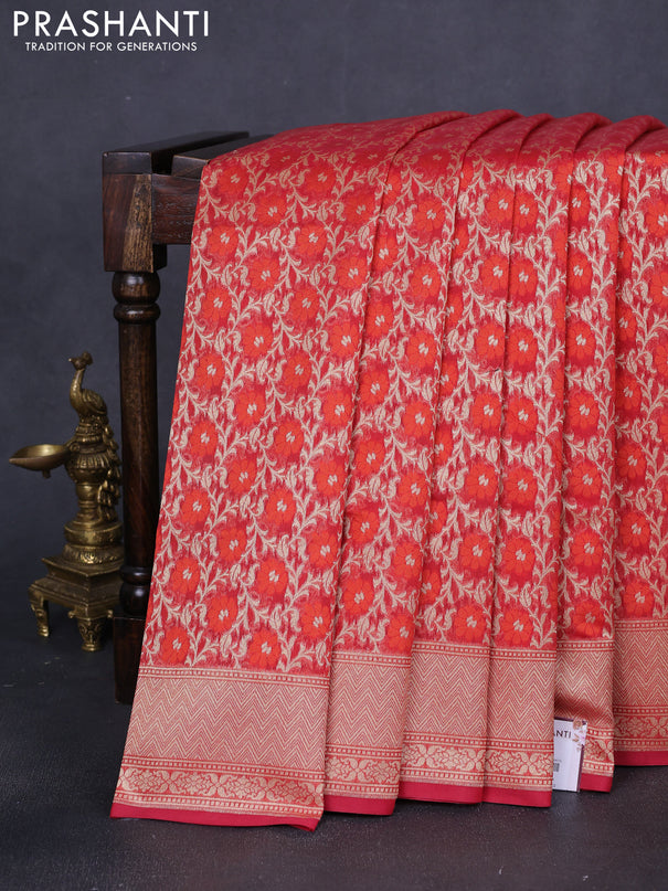 Banarasi silk cotton saree red with allover zari weaves and zari woven border