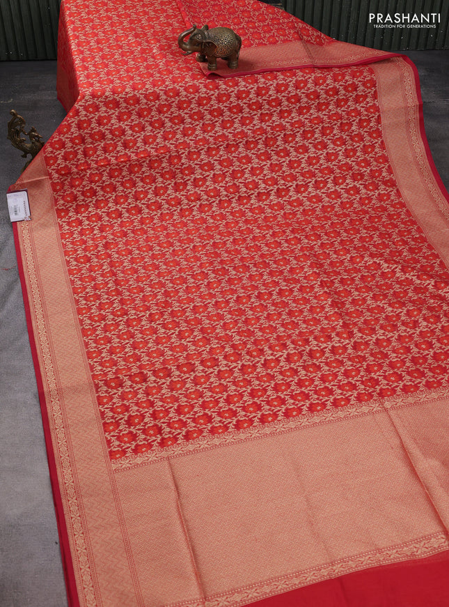 Banarasi silk cotton saree red with allover zari weaves and zari woven border