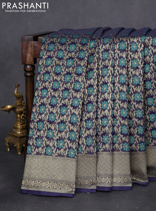 Banarasi silk cotton saree navy blue with allover zari weaves and zari woven border