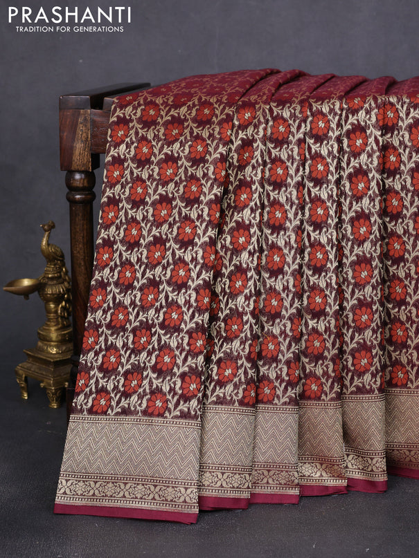 Banarasi silk cotton saree deep maroon with allover zari weaves and zari woven border