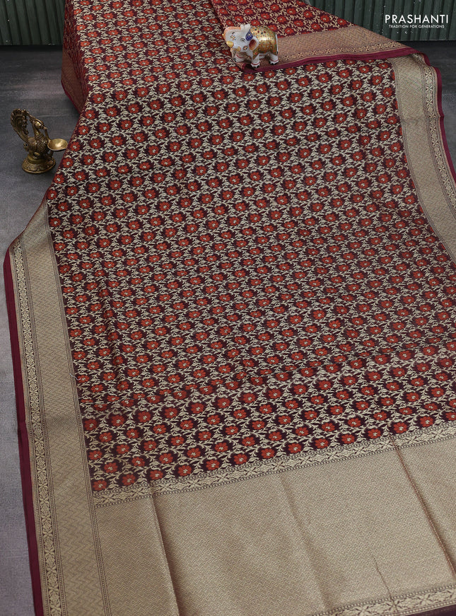 Banarasi silk cotton saree deep maroon with allover zari weaves and zari woven border