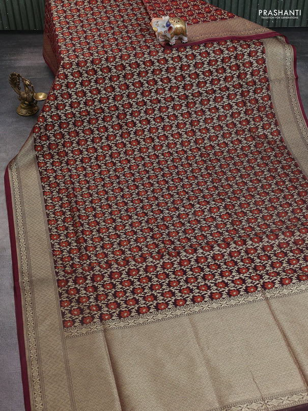 Banarasi silk cotton saree deep maroon with allover zari weaves and zari woven border