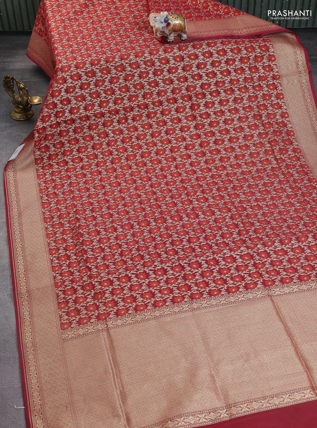 Banarasi silk cotton saree maroon with allover zari weaves and zari woven border