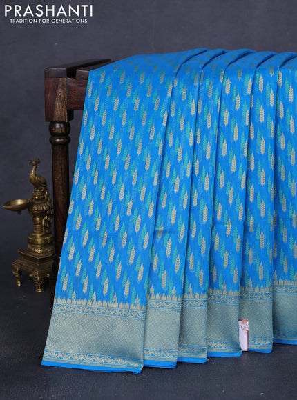 Banarasi silk cotton saree cs blue with allover thread & zari woven buttas and temple zari woven border