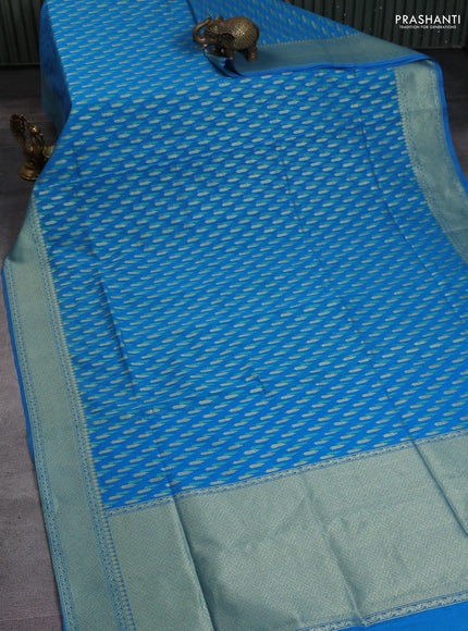 Banarasi silk cotton saree cs blue with allover thread & zari woven buttas and temple zari woven border