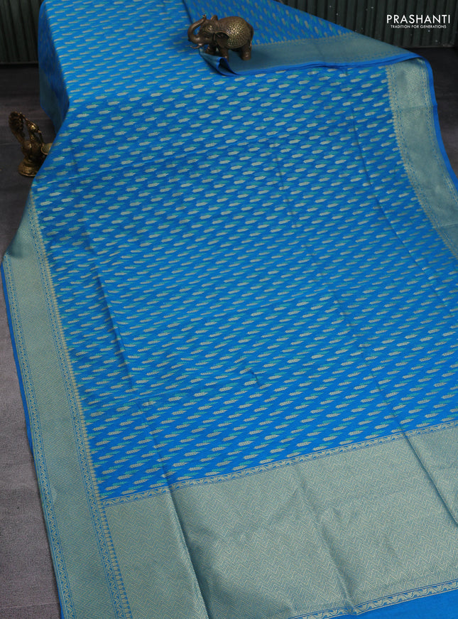Banarasi silk cotton saree cs blue with allover thread & zari woven buttas and temple zari woven border