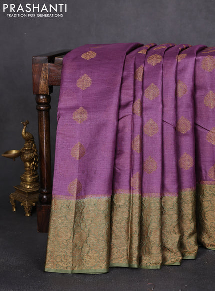 Banarasi tussar silk saree purple and mehendi green with thread & zari woven buttas and woven border