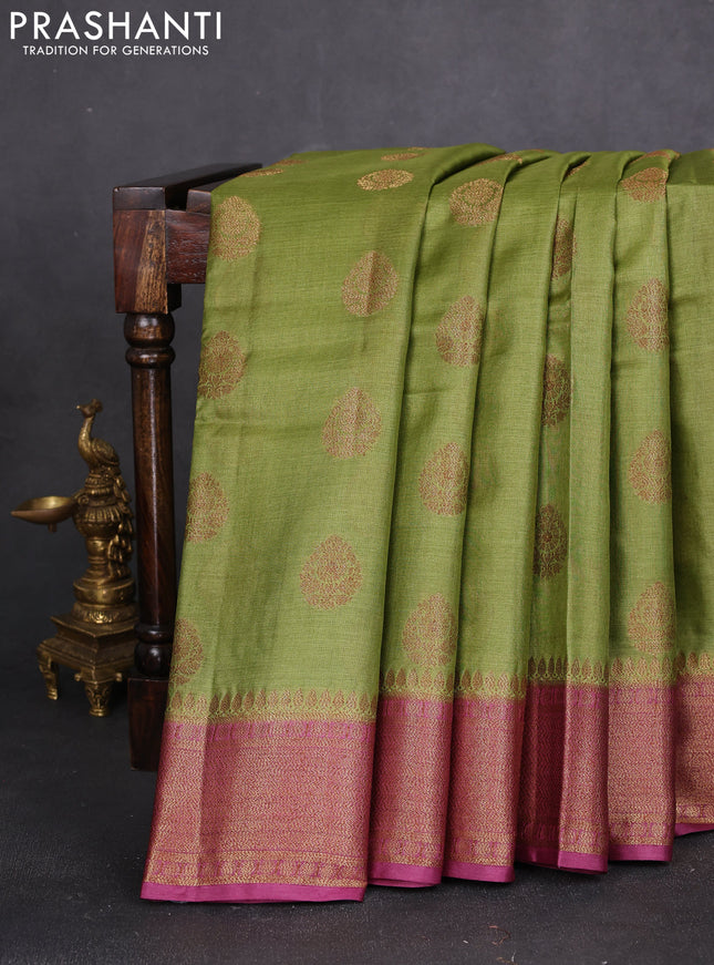 Banarasi tussar silk saree mehendi green and wine shade with thread & zari woven buttas and woven border