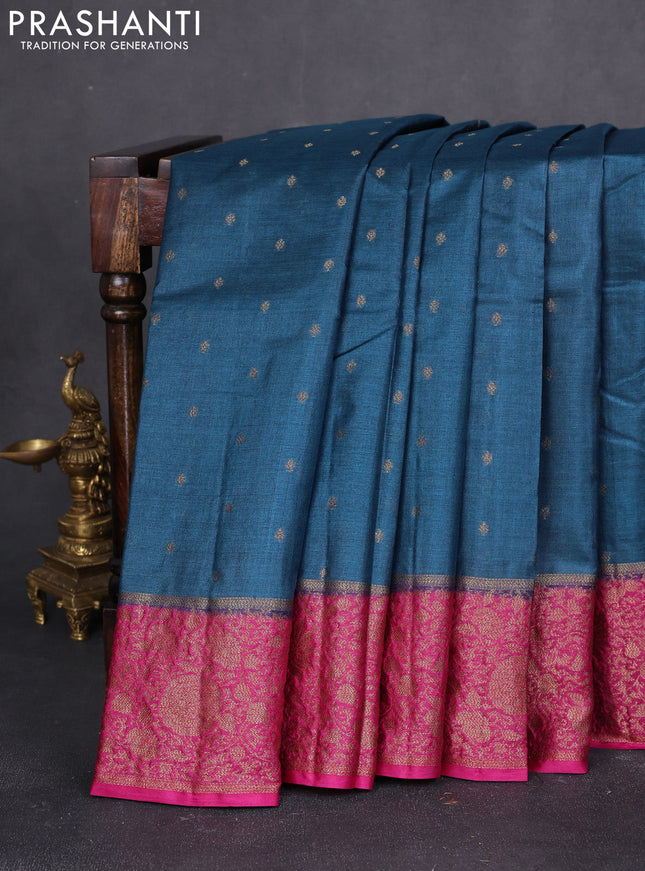 Banarasi tussar silk saree peacock blue and pink with allover thread & zari woven buttas and woven border
