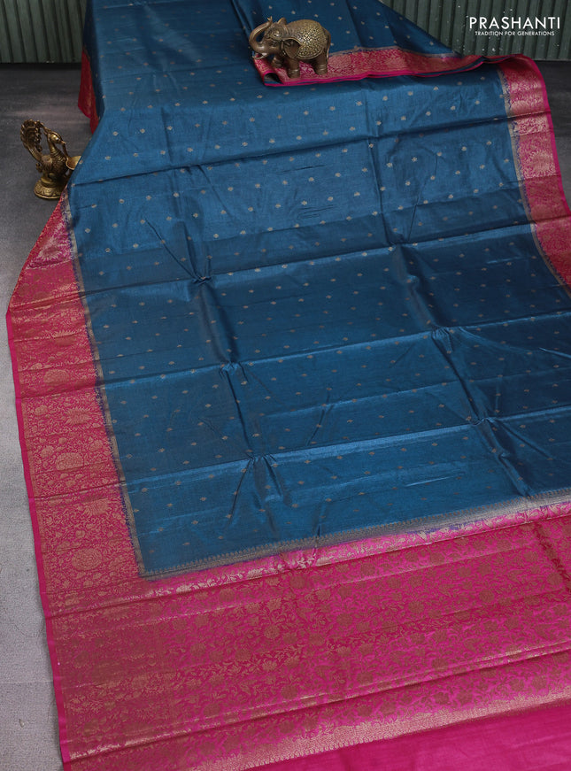 Banarasi tussar silk saree peacock blue and pink with allover thread & zari woven buttas and woven border