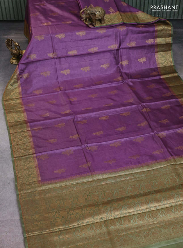 Banarasi tussar silk saree purple and mehendi green with thread & zari woven buttas and woven border