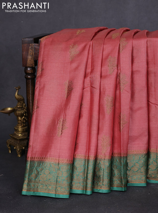 Banarasi tussar silk saree peach shade and green with thread & zari woven buttas and woven border