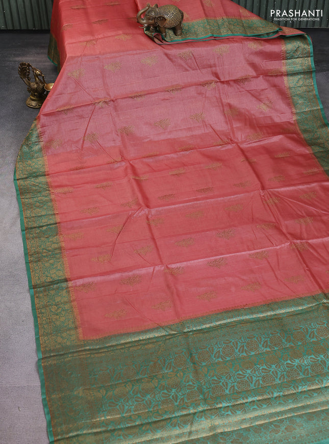Banarasi tussar silk saree peach shade and green with thread & zari woven buttas and woven border