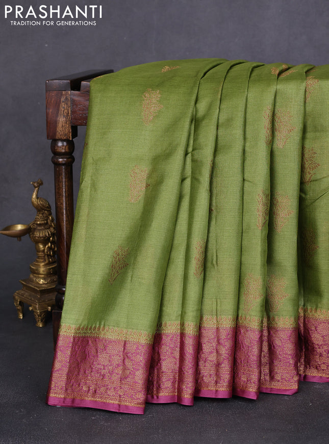 Banarasi tussar silk saree mehendi green and wine shade with thread & zari woven buttas and woven border