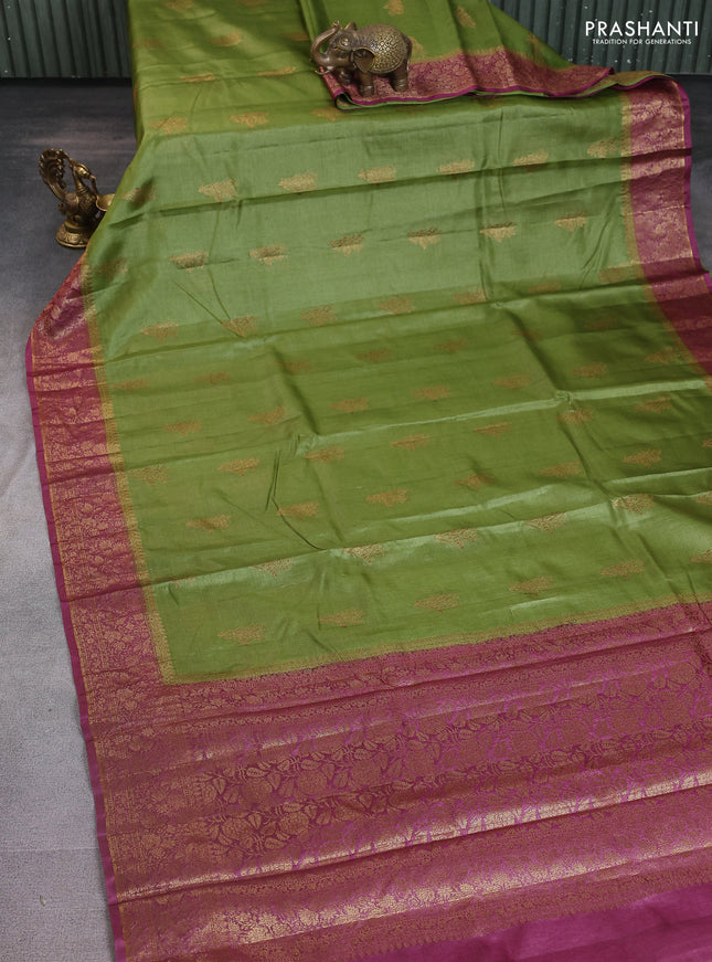 Banarasi tussar silk saree mehendi green and wine shade with thread & zari woven buttas and woven border