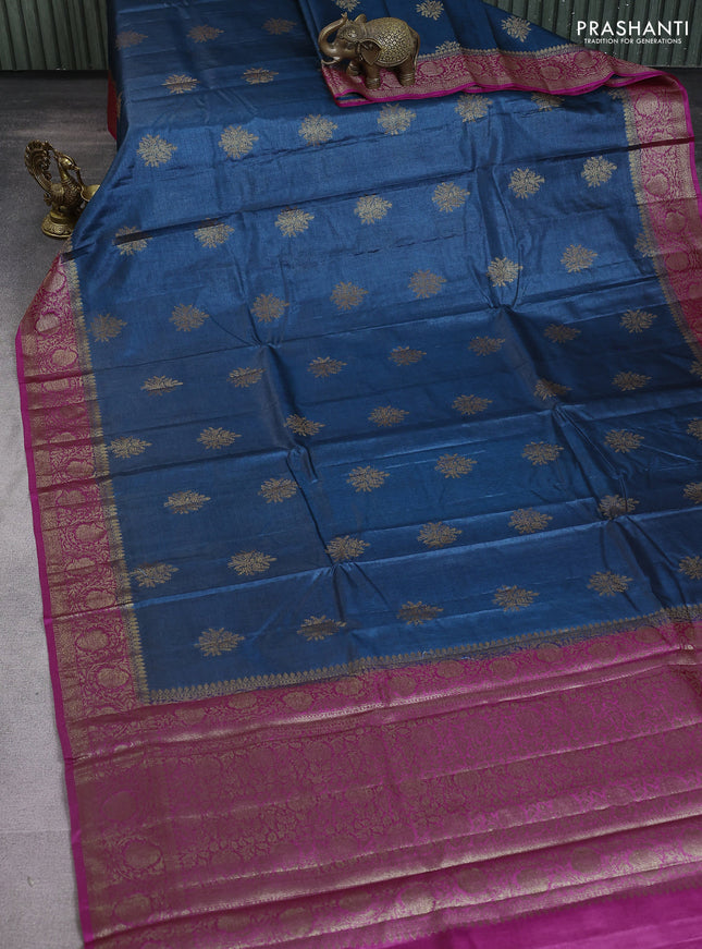 Banarasi tussar silk saree peacock blue and pink with thread & zari woven buttas and woven border