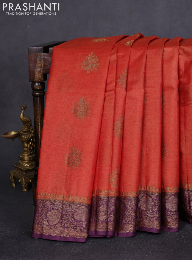 Banarasi tussar silk saree orange and wine shade with thread & zari woven buttas and woven border