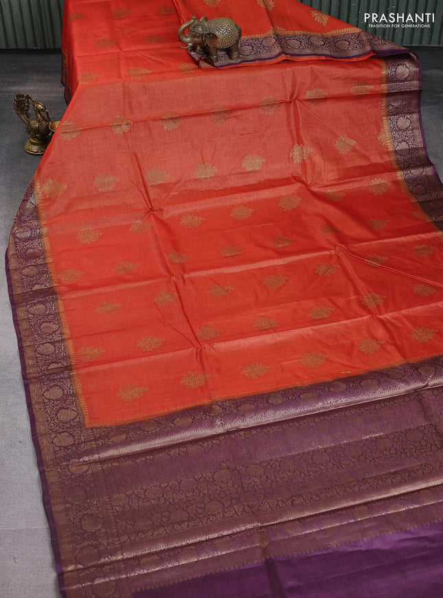 Banarasi tussar silk saree orange and wine shade with thread & zari woven buttas and woven border