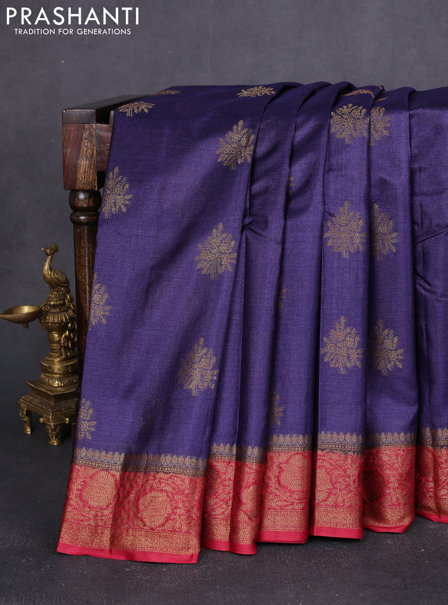 Banarasi tussar silk saree navy blue and maroon with thread & zari woven buttas and woven border
