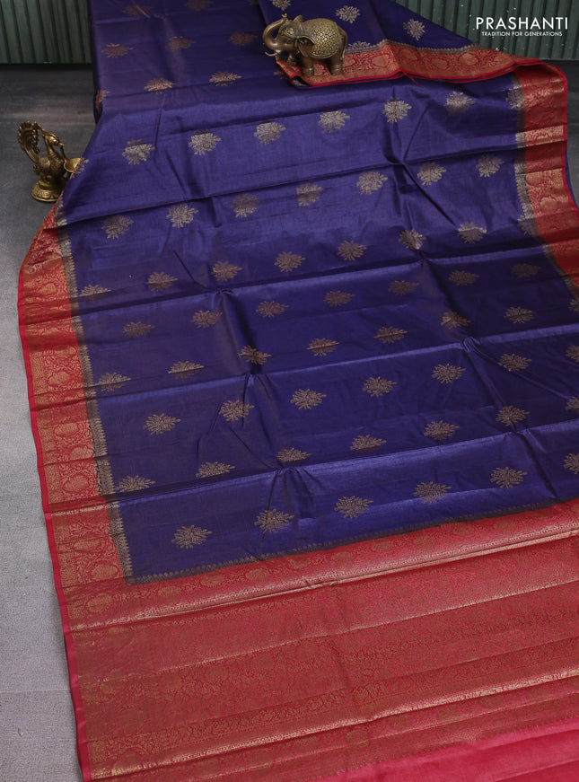 Banarasi tussar silk saree navy blue and maroon with thread & zari woven buttas and woven border