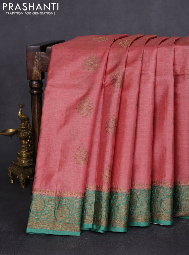 Banarasi tussar silk saree peach shade and green with thread & zari woven buttas and woven border