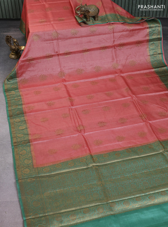 Banarasi tussar silk saree peach shade and green with thread & zari woven buttas and woven border