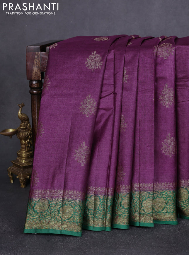 Banarasi tussar silk saree deep purple and green with thread & zari woven buttas and woven border