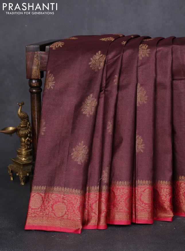 Banarasi tussar silk saree coffee brown and maroon with thread & zari woven buttas and woven border