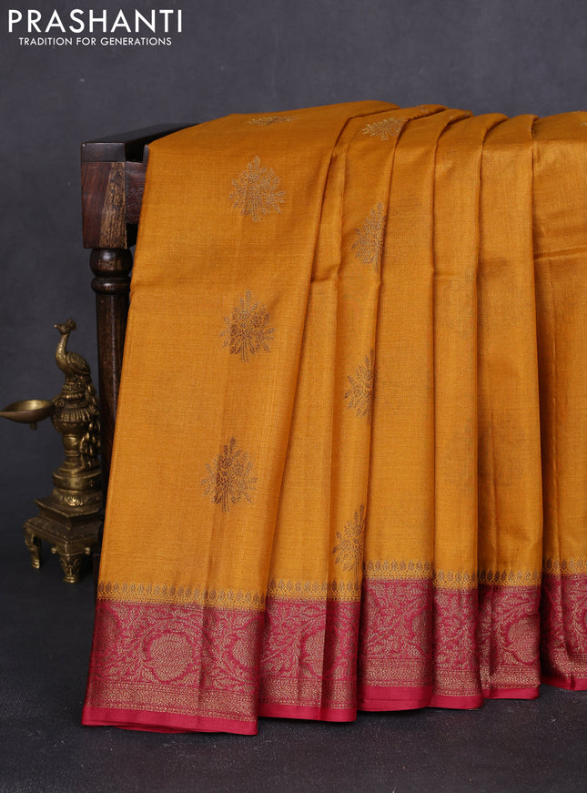Banarasi tussar silk saree mustard yellow and maroon with thread & zari woven buttas and woven border