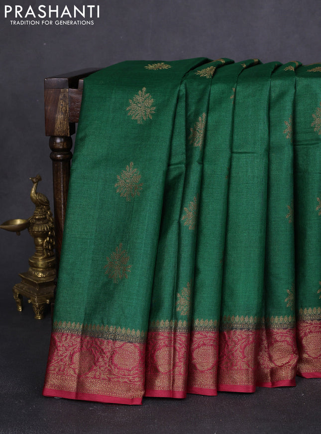 Banarasi tussar silk saree green and maroon with thread & zari woven buttas and woven border