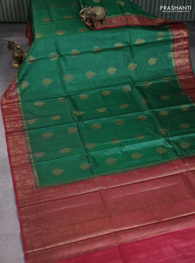 Banarasi tussar silk saree green and maroon with thread & zari woven buttas and woven border