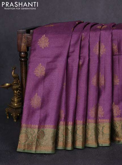 Banarasi tussar silk saree purple and mehendi green with thread & zari woven buttas and woven border