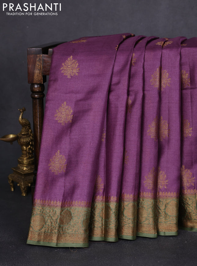 Banarasi tussar silk saree purple and mehendi green with thread & zari woven buttas and woven border
