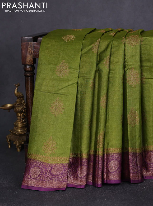 Banarasi tussar silk saree mehendi green and purple with thread & zari woven buttas and woven border