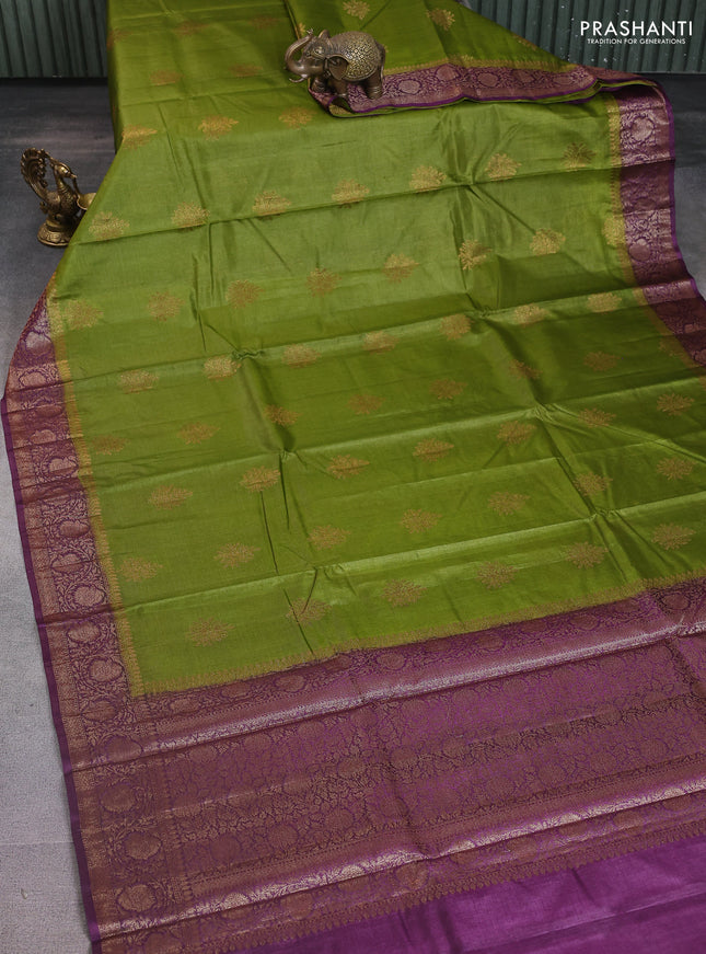 Banarasi tussar silk saree mehendi green and purple with thread & zari woven buttas and woven border